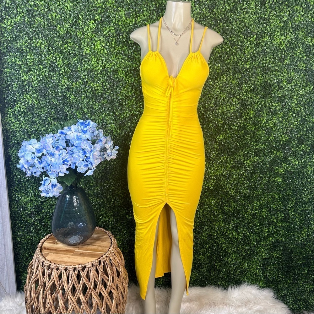 Yellow pull cinch front slit‎ midi dress nwt